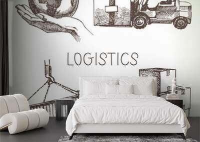 Hand drawn logistics and delivery sketch icons set. Wall mural