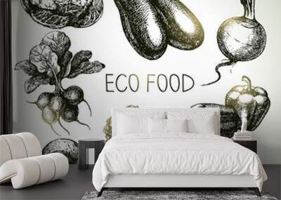 Hand drawn sketch vegetable set. Eco foods.Vector illustration Wall mural