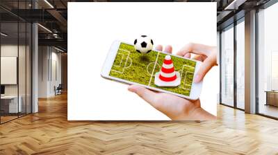 man hand hold and touch screen smart phone or cellphone isolated on white with football field on screen  background for sport football or soccer online gambling concept. Wall mural