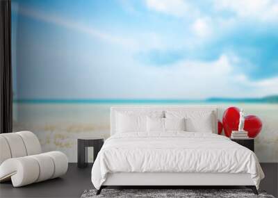 red Heart shape on white sand beach ,Image for love valentine day or summer vacation concept Wall mural