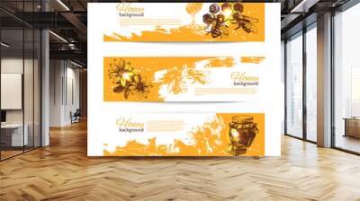 Set of honey banners with hand drawn sketch illustrations Wall mural