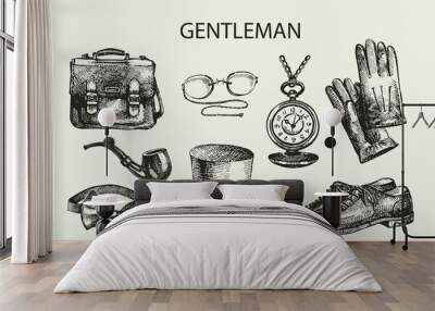 Sketch gentlemen accessories. Hand drawn men illustrations set Wall mural