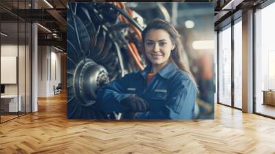 Portrait of a happy and confident female aerospace engineer works on an aircraft engine with expertise in technology and electronics in the aviation industry Wall mural