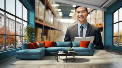 Portrait of a happy confident male warehouse manager with a clipboard standing in a distribution warehouse with his management expertise in logistic and supply chain. Wall mural