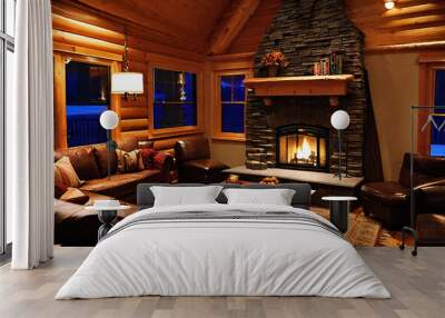 log cabin room with fireplace Wall mural