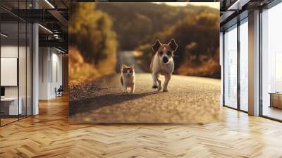 a dog and cat walking on the road Wall mural