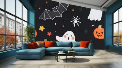 Cozy Halloween pattern featuring ghosts, pumpkins, bats, and stars Wall mural