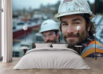 photorealism of Two mechanical technicians wearing hard hats and reflective vests stand next to an air conditioner on a rooftop, one smiling at the camera. Wall mural