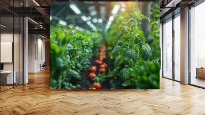 Smart farm and smart greenhouse, wind energy, wind turbines and solar panels in the background, panoramic view. Wall mural