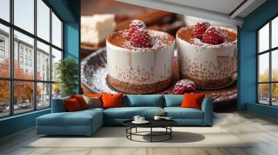 Two cups of hot cocoa and cheesecake on a plate in a cafe on a light background. Wall mural