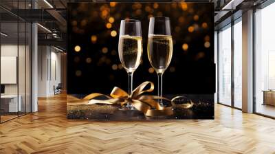 Two glasses of champagne on golden bokeh, celebration concept Wall mural