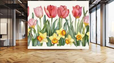 A row of red and pink tulips and yellow daffodils painted in watercolor. Wall mural