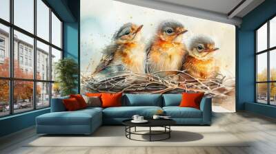 Three baby birds sitting in a nest, looking at the camera. Watercolor painting. Wall mural