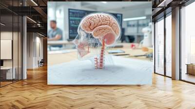 A transparent human head model with a brain inside, symbolizing neuroscience and brain research in a modern workspace. Wall mural