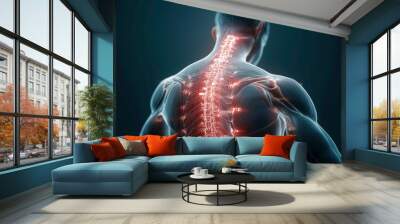 3D Illustration of Human Spine and Nervous System Highlighting Pain Points in the Back Muscles Wall mural