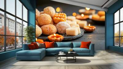 Artistic close-up of ladoos, jalebis, and kaju katli sprinkled with sugar crystals, surrounded by Diwali diyas, traditional Indian sweets, sugar-dusted festival Wall mural