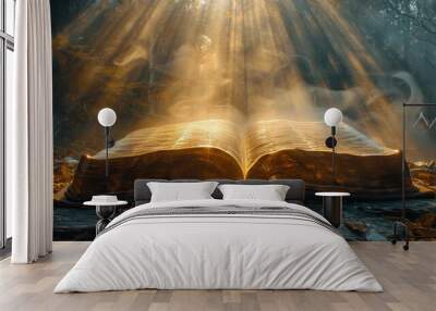 Illuminated Guidance: Divine Wisdom from Above - A Perspective Shot of an Open Bible with Cascading Light in a Darkened Setting Wall mural