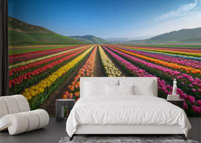 Colorful tulip field in springtime countryside of the Netherlands with vibrant flowers blooming under a clear blue sky Wall mural