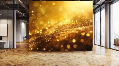 Gold blurry defocused sparkle glitter gold bokeh background wallpaper with copy space. Gold Christmas glitter design background. Magic artistic shiny golden circle bokeh. Wall mural