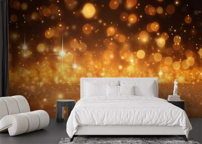 Gold bokeh light background, Christmas glowing bokeh confetti and sparkle texture overlay for your design. Sparkling gold dust abstract golden luxury decoration background. Wall mural