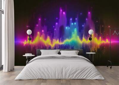 Abstract background with equalizer effect. Sound wave. Neon lights. Generative AI Wall mural