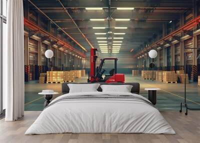 Clean and modern warehouse with stacked boxes, forklift available, illuminated by daylight, organized space Wall mural