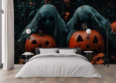 ghosts are playing with pumpkins on Halloween Wall mural