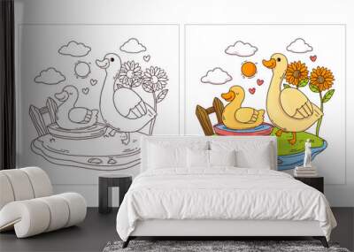 Hand drawn cute Farm Animal for coloring page duck Wall mural