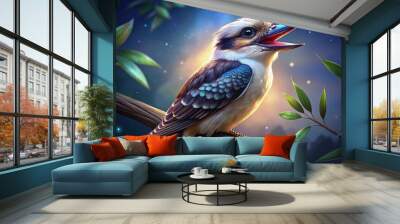 Photograph a kookaburra perched on a branch, its beak wide open in a joyful call against a clear blue sky.
 Wall mural