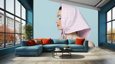 portrait of beautiful woman with kerchief and perfect makeup. Wall mural