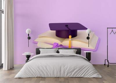 Graduation cap and diploma scroll. 3d render Wall mural