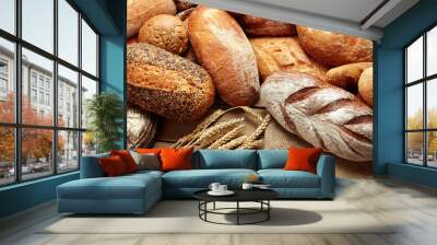 assortment of baked bread on wooden background Wall mural