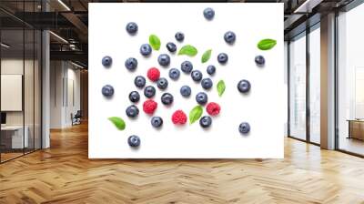 top view of blueberry and rapsberry fruits isolated on white background Wall mural