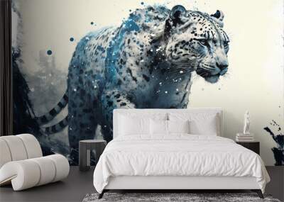 Ink painting of snow leopard portrait Wall mural