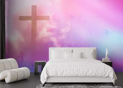 Christian cross appeared bright in the sky with soft fluffy clouds, white, beautiful colors. With the light shining as hope, love and freedom in the sky background Wall mural