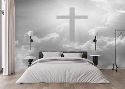 Christian cross appeared bright in the sky with soft fluffy clouds, white, beautiful colors. With the light shining as hope, love and freedom in the sky background Wall mural