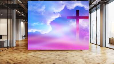 Christian cross appeared bright in the sky with soft fluffy clouds, white, beautiful colors. With the light shining as hope, love and freedom in the sky background Wall mural