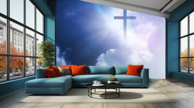 Christian cross appeared bright in the sky with soft fluffy clouds, white, beautiful colors. With the light shining as hope, love and freedom in the sky background Wall mural