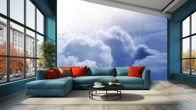 Christian cross appeared bright in the sky with soft fluffy clouds, white, beautiful colors. With the light shining as hope, love and freedom in the sky background Wall mural