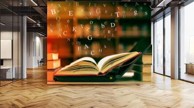 Imagine opening an old book blurred with magic power on the table and the English alphabet floating above the book with magic light as a beautiful background design. Wall mural