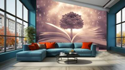 Imagine opening an old book blurred with magic power on the table and the English alphabet floating above the book with magic light as a beautiful background design. Wall mural