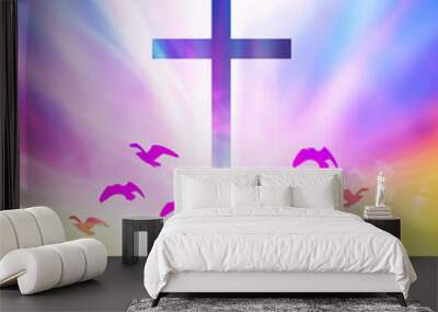 The Christian Cross is illuminated in a book in white and fantasy light, with magic shining as hope, love and freedom in beautiful illustrations. Wall mural