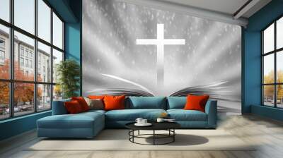 The Christian Cross is illuminated in a book in white and fantasy light, with magic shining as hope, love and freedom in beautiful illustrations. Wall mural