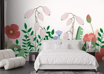 Flower and leaves seamless background vector. Blooming flowers collection with leaves, floral bouquets. Spring art wallpaper with botanical elements. Horizontal banner design for the spring holiday Wall mural