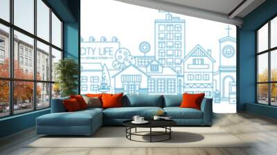 Monochrome horizontal urban landscape with city or town street or district. Cityscape with living houses and shops drawn with contour lines on white background. Vector illustration in lineart style Wall mural