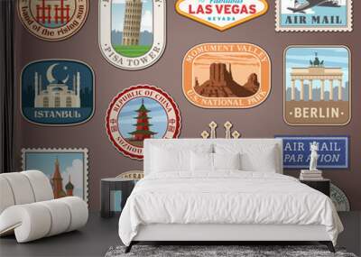 Vector international tourism landmark labels Wall mural