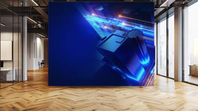 3D rendering, Cityscape With Glowing Data Lines, dolly rotate camera Wall mural