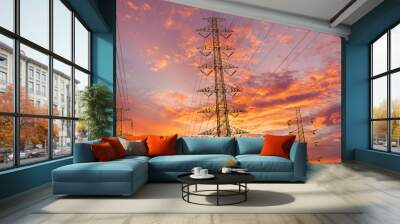 silhouette high voltage pole on sky sunset background.	 Wall mural