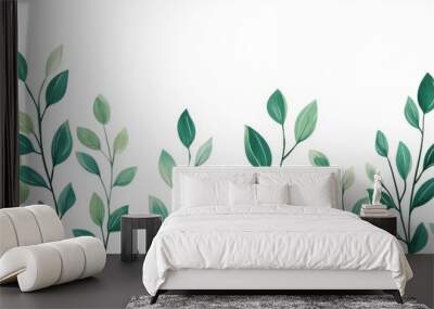 A fresh and vibrant illustration of green leaves on a white background, ideal for nature-themed design and decoration. Wall mural