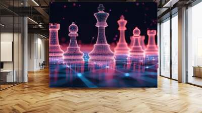 A futuristic chessboard featuring glowing digital chess pieces in vibrant colors, representing strategy and technology. Wall mural